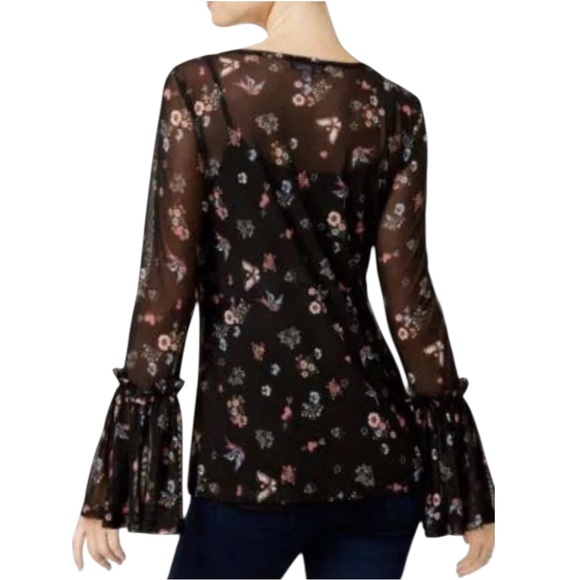 Freshman 1996 Black with Floral Print Sheer 90s Y2K Long Sleeve Blouse Large - Picture 3 of 11